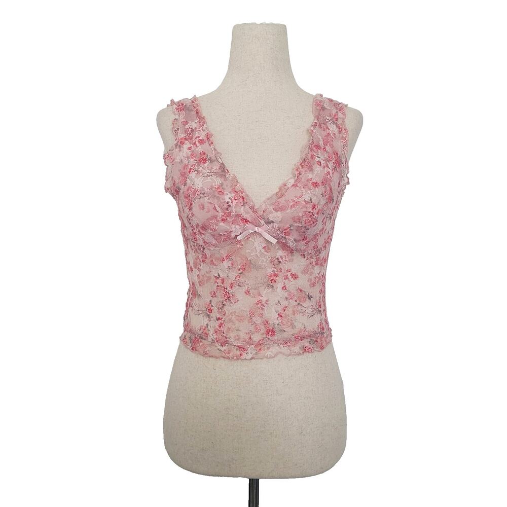 Full Tilt Floral Sheer Lace Babydoll Top Size XS Coquette Romantic Dainty Y2k